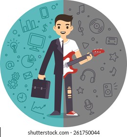 Illustration of the concept of life and work balance. Young businessman in suit on the left and with a guitar on the right. Background is separated into two thematic parts.