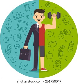 Illustration of the concept of life and work balance. Young businessman in suit on the left and in fitness gear with a dumbbell on the right. Background is separated into two thematic parts.