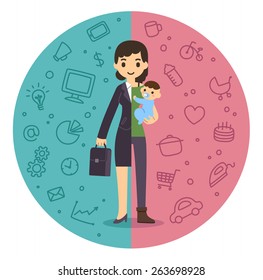 Illustration of the concept of life and work balance. Young businesswoman in suit on the left and with baby on the right. Background is divided in two thematic patterned parts.