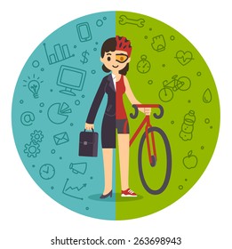 Illustration of the concept of life and work balance. Young businesswoman in suit on the left and in fitness gear with a bicycle on the right. Background is divided in two thematic patterned parts.
