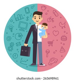 Illustration of the concept of life and work balance. Young businessman in suit on the left and with baby on the right. Background is divided in two thematic patterned parts.