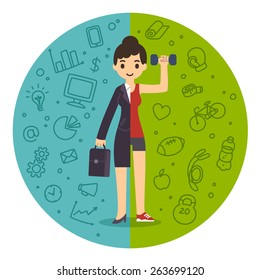 Illustration of the concept of life and work balance. Young businesswoman in suit on the left and in fitness gear with a dumbbell on the right. Background is divided in two thematic patterned parts.