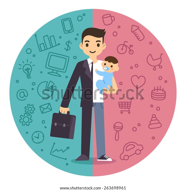 Illustration of the concept\
of life and work balance. Young businessman in suit on the left and\
with baby on the right. Background is divided in two thematic\
patterned parts.