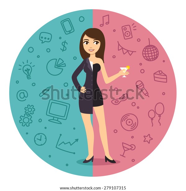 Illustration of the\
concept of life and work balance. Young pretty cartoon style woman\
in business suit and on a party with cocktail. Background is\
divided in two theme patterned\
parts.