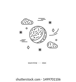Illustration concept in linear vector style. Solar System element. Venus with stars and clouds. Piece for banner, web, app, flyer. Print and digital design.