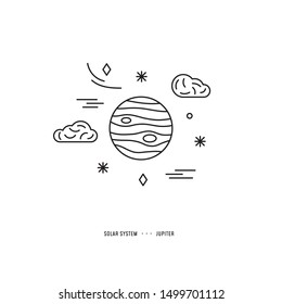 Illustration concept in linear vector style. Solar System element. Jupiter with stars and clouds. Piece for banner, web, app, flyer. Print and digital design.