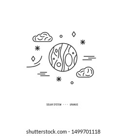 Illustration concept in linear vector style. Solar System element. Uranus with stars and clouds. Piece for banner, web, app, flyer. Print and digital design.