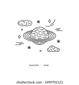 Illustration concept in linear vector style. Solar System element. Saturn with stars and clouds. Piece for banner, web, app, flyer. Print and digital design.