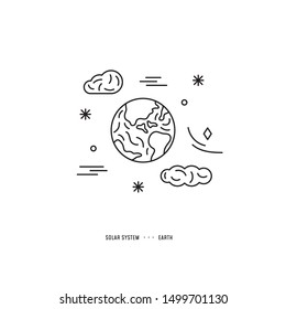 Illustration concept in linear vector style. Solar System element. Earth with stars and clouds. Piece for banner, web, app, flyer. Print and digital design.