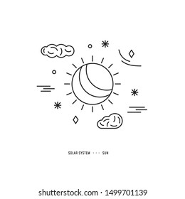 Illustration concept in linear vector style. Solar System element. Sun with stars and clouds. Piece for banner, web, app, flyer. Print and digital design.