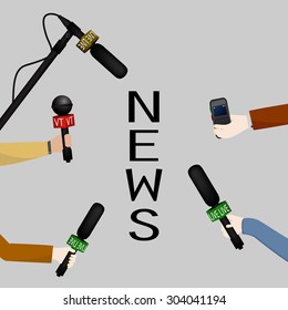 Illustration of a concept live news, reports, interviews. People interviewed.