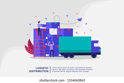 Illustration concept of Logistics distribution. Delivery home and office. City logistics. Warehouse, truck, forklift, courier, drone and delivery man. Vector illustration