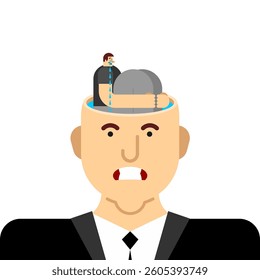 Illustration of concept of loneliness. Sad guy sits inside head. Inner loneliness