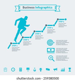 Illustration concept of male silhouette running up along the steps, business timeline infographics with 5 options and icons, vector template for graph, presentation, chart isolated on light background