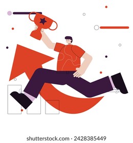 Illustration concept of a man holding a trophy, depicting the journey towards success