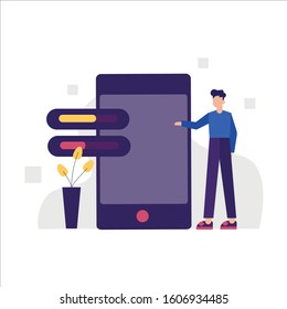 Illustration concept of A man with large smart phone analyze the target markets with digital advertise on social media and websites. 
