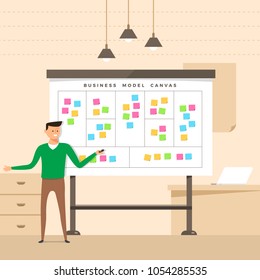 Illustration concept the man present with whiteboard business model canvas. Vector illustrate. svg