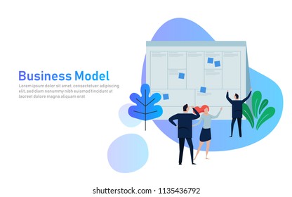 Illustration concept the man present with whiteboard business model canvas. illustration flat. team work together as corporation company plan written in large paper. svg