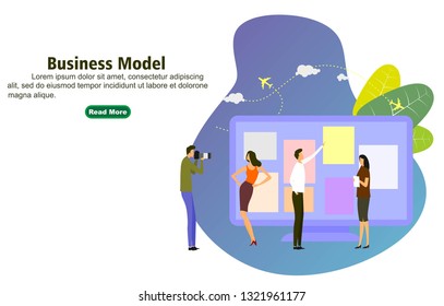 Illustration concept the man present with whiteboard business model canvas. illustration flat. team work together as corporation company plan written in large paper.