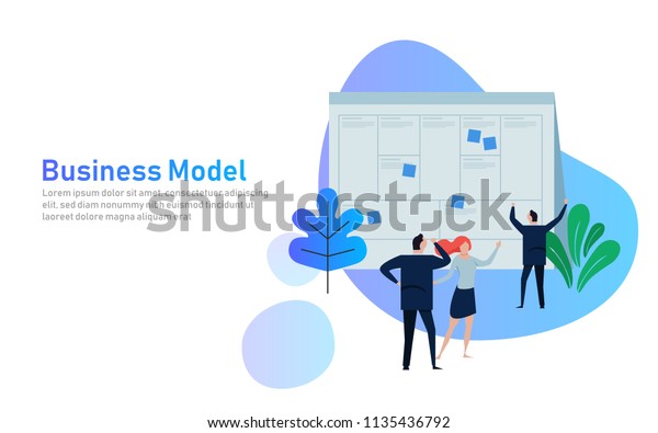 Illustration concept the man\
present with whiteboard business model canvas. illustration flat.\
team work together as corporation company plan written in large\
paper.