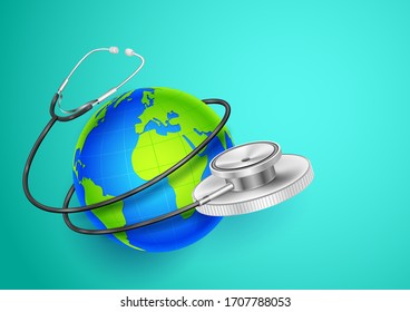 illustration of concept of Medical background showing World Health Day with stethoscope around Earth