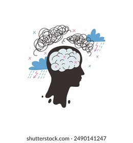 Illustration of the concept of mental health. The silhouette of a man among clouds and rain, confused thoughts in the brain symbolizes depression