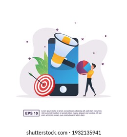Illustration concept of mobile marketing with big megaphone and and people bring pie charts.