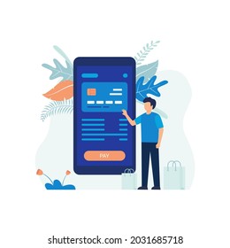 Illustration concept of Mobile Payment. Smartphone, people, card, payment. Flat illustration vector suitable for many purposes.