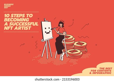 Illustration concept in modern flat style of young female artist painting an abstract picture. Cryptographic masterpieces auction. Non-fungible token