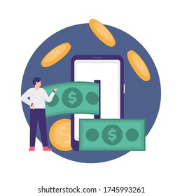 illustration of the concept of money-making applications, online payments, e-wallet. a man inserts or withdraws money with a smartphone. flat design. can be used for elements, landing pages, UI.