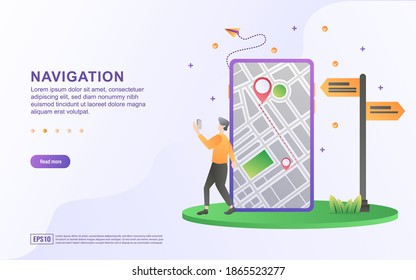 Illustration concept of navigation with a person walking while holding a cellphone.