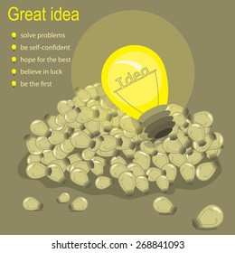 Illustration of the concept of a new idea. A pile of used lamps and one big bright lamp represents great new idea in comparison with other ideas to try