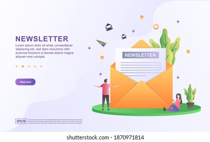 Illustration concept of newsletter with people reading the newsletter.