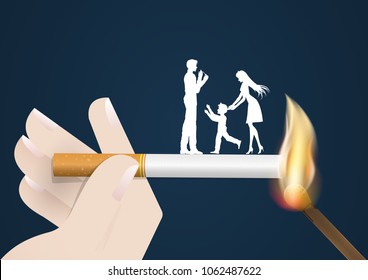 Illustration of concept no smoking day world,31 May,guy Cigarette lighter danger his wife and son same fired burn they by match.vector