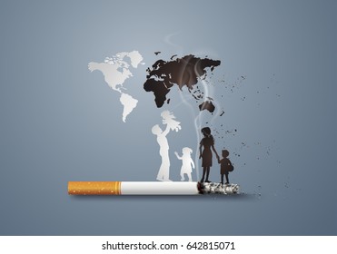 Illustration of concept no smoking day world with family,paper art and  digital craft style.