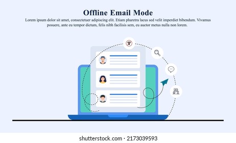 Concepto de ilustración del modo de correo electrónico sin conexión en el que el usuario puede buscar, leer y responder al correo sin conexión.