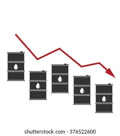 Illustration Concept of Oil Prices Fall, Black Barrels and Graph Down - Vector