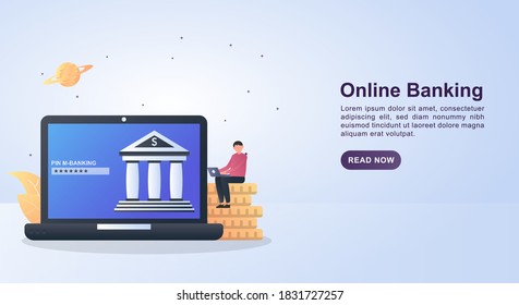 Illustration Concept of online banking with a person sitting on a coin.