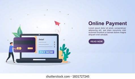 Illustration Concept of online payment with people pushing credit cards.
