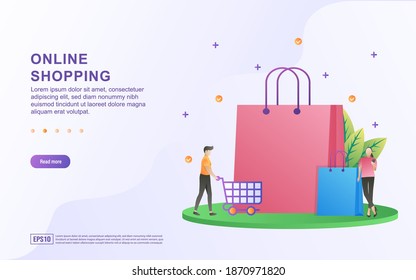 Illustration concept of online shopping with a large shopping bag.