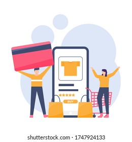 illustration of the concept of online stores, e-commerce, ordering and payment. people holding ATM cards next to smartphones to pay for online shopping applications. flat design.