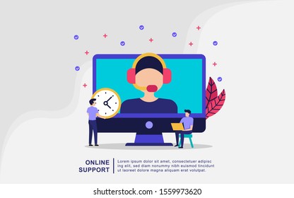 Illustration concept of online support, customer support, female hotline operator advises client, online global technical support 24/7, customers and operator, solving problem.
