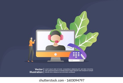 Illustration concept of online support, customer support, female hotline operator advises client, online global technical support 24/7, customers and operator, solving problem.