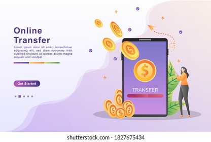 Illustration concept of online transfer. payment using smart phone application and bank account credit card, online banking, Online money transfer illustration, financial transaction, mobile wallet.