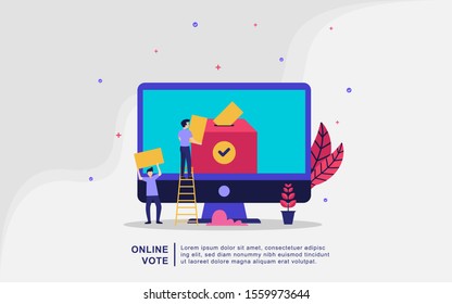Illustration concept online voting and election, e-voting internet system, people give online vote and putting paper vote in to the ballot box vector illustration concept.