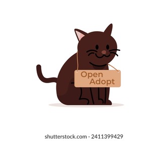 an illustration of the concept of open adoption. A cat sits and is held by a board that says open adopt. adopt a pet. cute and adorable cat characters. flat illustration design. graphic elements