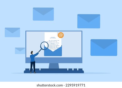 illustration concept Open email. Receive notifications on your computer screen about new emails. Documents are enclosed in an envelope. Email marketing creative flat vector.