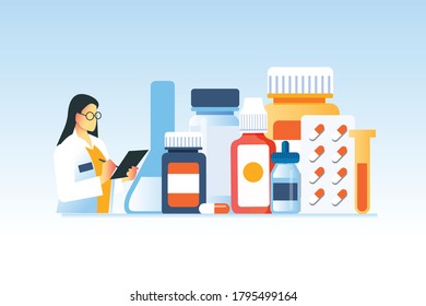 illustration concept of pharmacy background with collection of drugs bottles with female doctors write a recipe