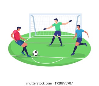 Concepto de ilustración de jugar al fútbol deportivo. Atacante pateando el fútbol, el deporte y el concepto de trabajo en equipo. Jugador de fútbol, estilo de vida activo y saludable. Ilustración vectorial en estilo plano