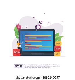 Illustration concept of programmer with programming languages and people are coding.